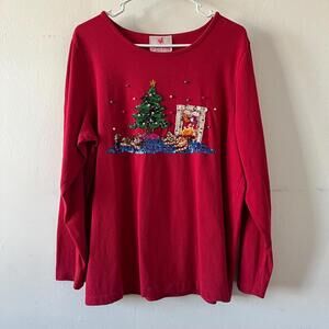 Vintage 1990s Quacker Factory Red Sequin Beaded Christmas Top - Fireplace Design